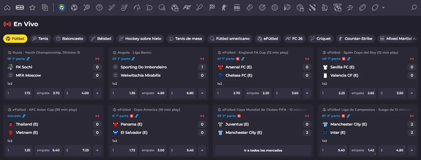 Apuestas en vivo de Instant Casino Apuestas deportivas en vivo de Instant Casino con fútbol, tenis, baloncesto y otros deportes
