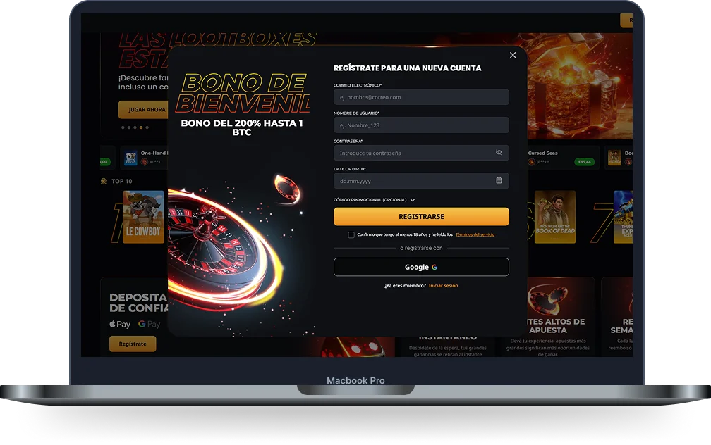 Registro en Instant Casino Formulario de registro de Instant Casino con bono de bienvenida en la versión para ordenador