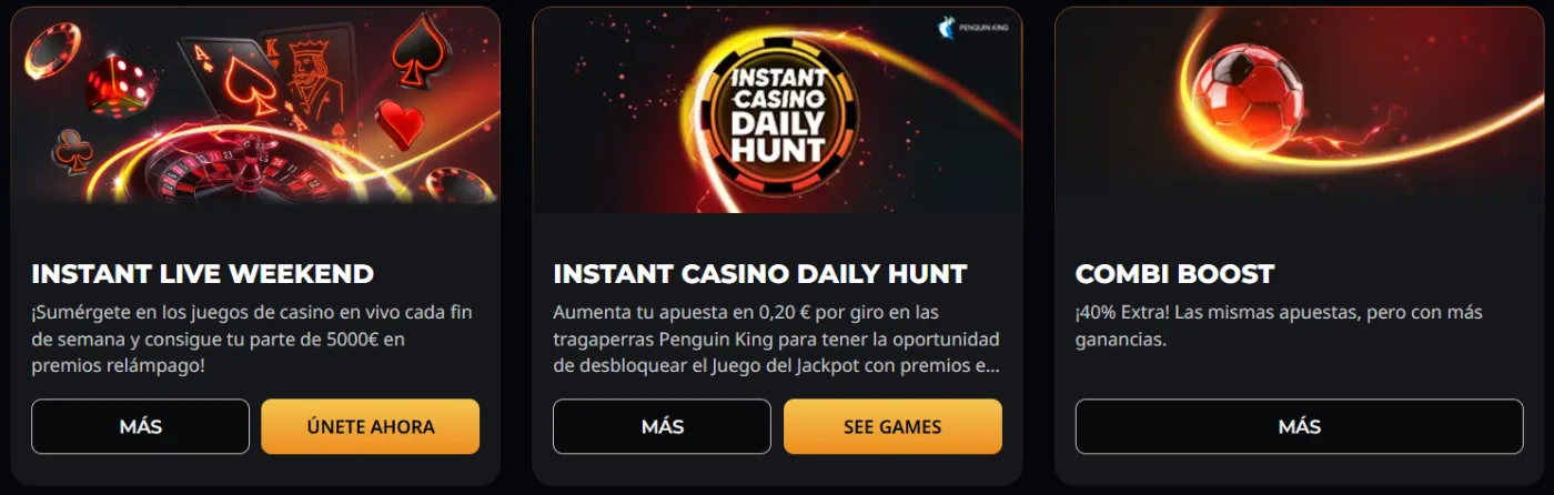 Promociones especiales de Instant Casino Promociones Instant Live Weekend, Daily Hunt y Combi Boost de Instant Casino