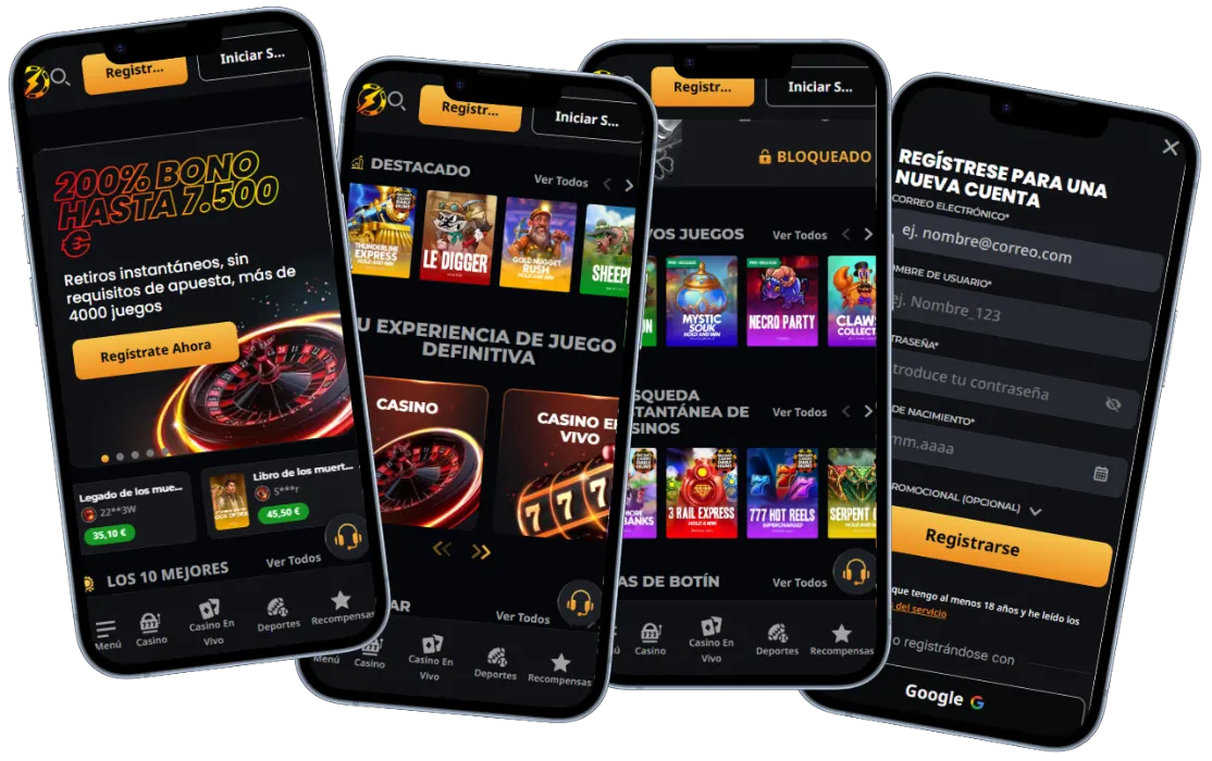 Instant Casino en móvil Versión móvil de Instant Casino con juegos, promociones y formulario de registro